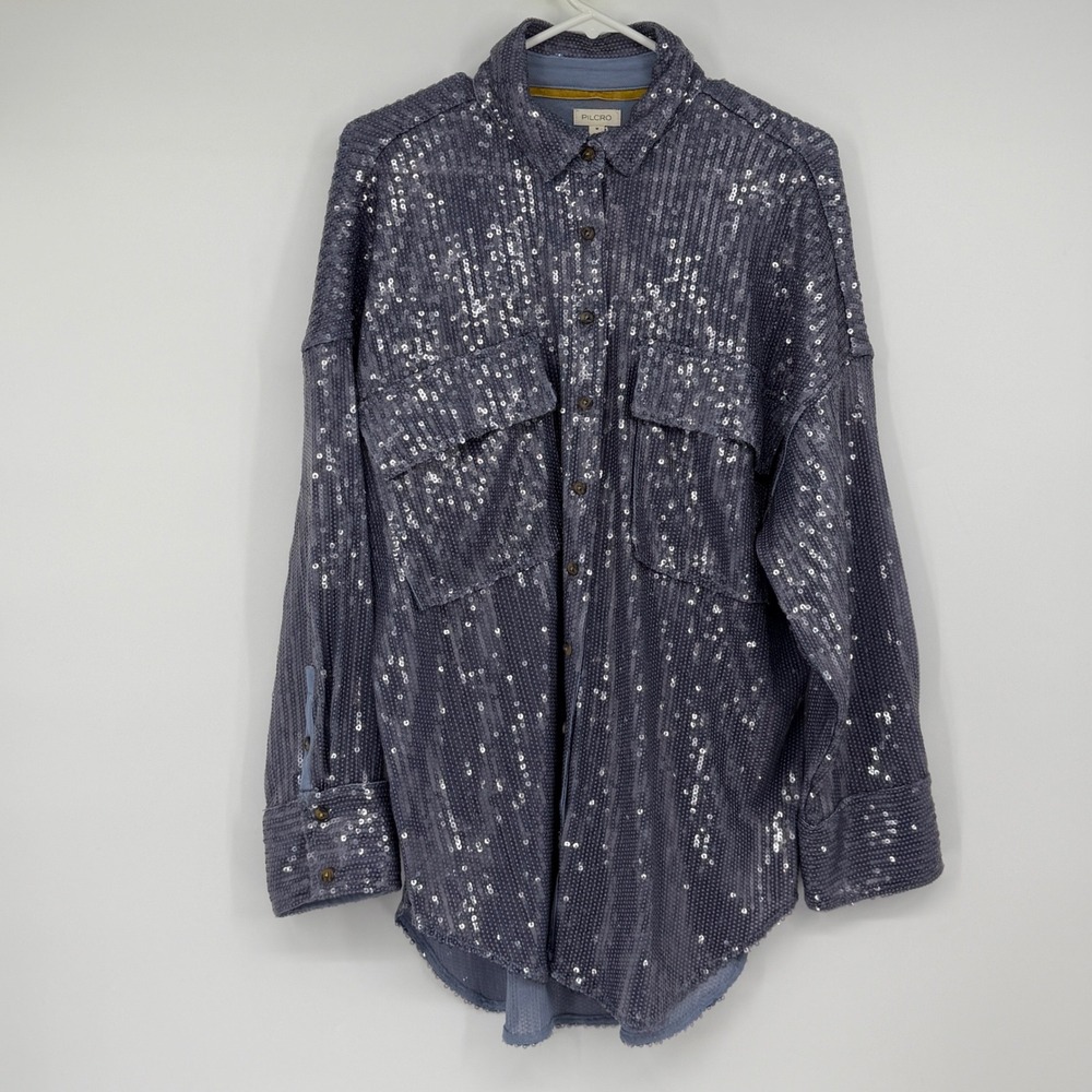 Anthropologie Pilcro Sequin Button Down Shirt Womens Medium Blue Oversized NWT